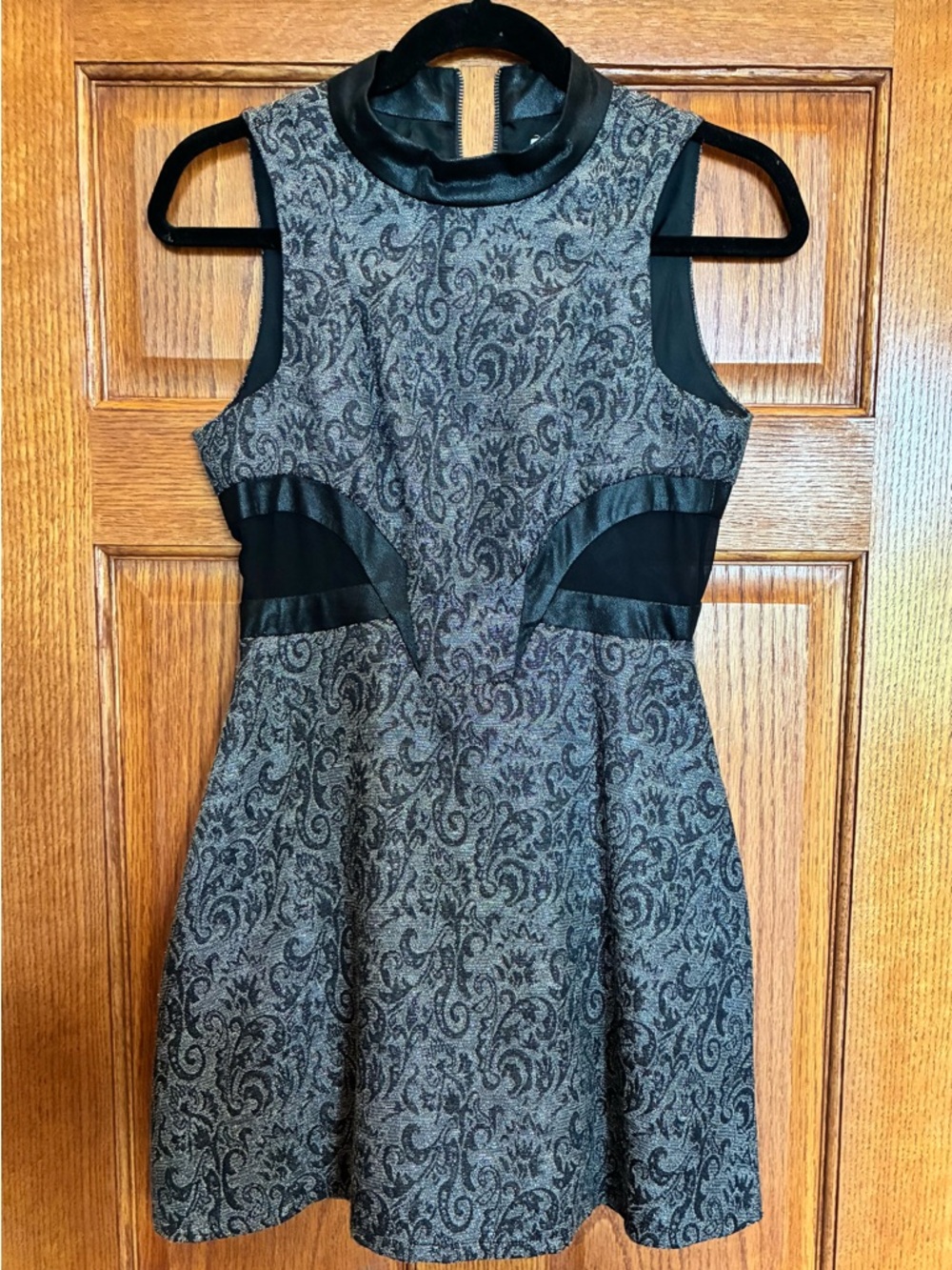 BCBGMaxAzria Black and Gray Paisley Fit-and-Flare Dress